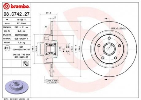 08.C742.27 BREMBO Гальмівний диск з підшипником