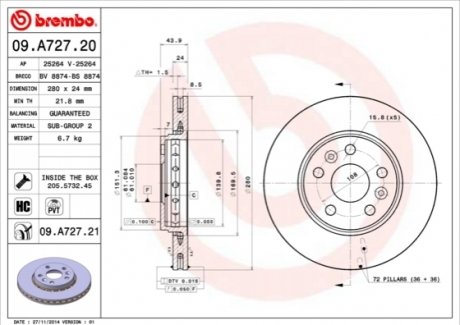 09.A727.21 BREMBO Гальмівний диск