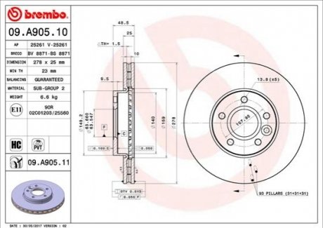 09.A905.11 BREMBO Гальмівний диск