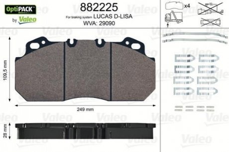 882225 Valeo Комплект тормозных колодок, дисковый тормоз, RVI Magnum Premium 249x110x28