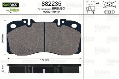 882235 Valeo Колодки тормозные, WVA29122;175x79,5x22, без датчика износа