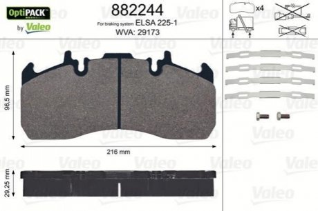 882244 Valeo Колодки тормозные, с монтажным комплектом WVA 293173