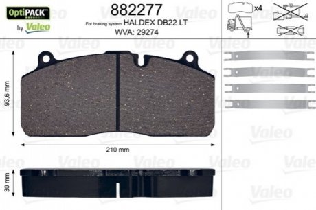 882277 Valeo Колодки гальмівні WVA 29274; 210,1x93,8x30