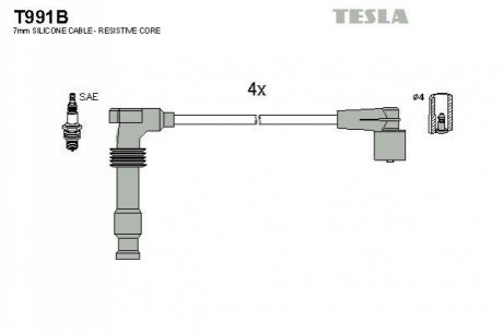 T991B TESLA Проводавысоковольтные,комплект Opel Astra g 1.4 (98-05),Opel Zafira a 1.6 (99-05