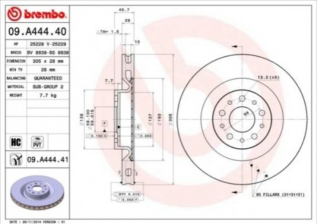 09.A444.41 BREMBO Тормозной диск вентилируемый