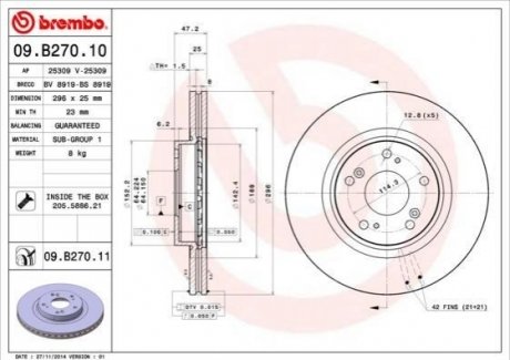 09.B270.10 BREMBO Тормозной диск вентилируемый