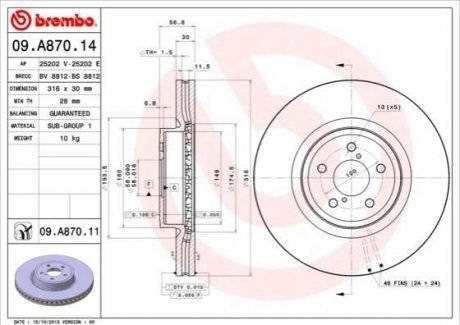 09.A870.14 BREMBO Тормозной диск вентилируемый