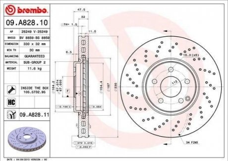 09.A828.11 BREMBO Тормозной диск вентилируемый