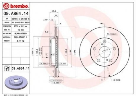 09.A864.14 BREMBO Диск гальмівний