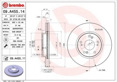 09.A455.14 BREMBO Тормозной диск вентилируемый