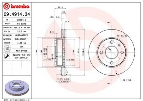 09.4914.34 BREMBO Тормозной диск вентилируемый