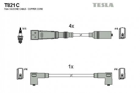 T821C TESLA Кабель запалювання к-кт TESLA Seat,VW 88-02 1,4