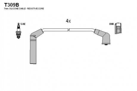 T309B TESLA Проводавысоковольтные,комплект Hyundai Atos 1.0 (98-14),Hyundai I10 1.1 (08-13)