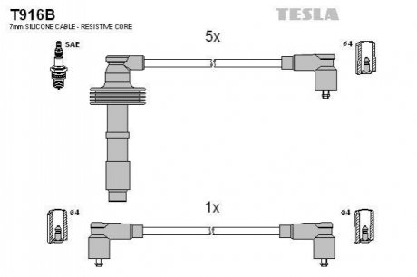 T916B TESLA Кабель запалювання к-кт TESLA Safrane II 96-00 2,5 20V, Volvo 91-02 850,S70,V70 2,0