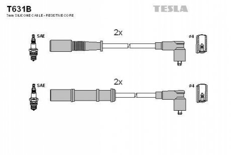 T631B TESLA Кабель запалювання к-кт TESLA Fiat Dobol 1.4 10.05- ,Lancia 05-1.2