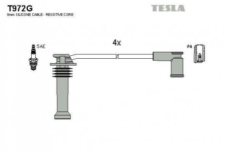 T972G TESLA Кабель запалювання к-кт TESLA Ford Focus II, Fiesta, Fusion, Mondeo, Mazda 2 1,4