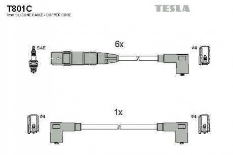 T801C TESLA Комплект кабелiв запалювання