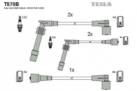 T870B TESLA Кабель запалювання к-кт TESLA Opel Calibra,Vectra 88-00 1,6