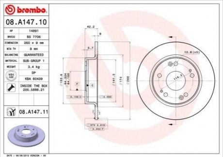 08.A147.10 BREMBO Тормозной диск