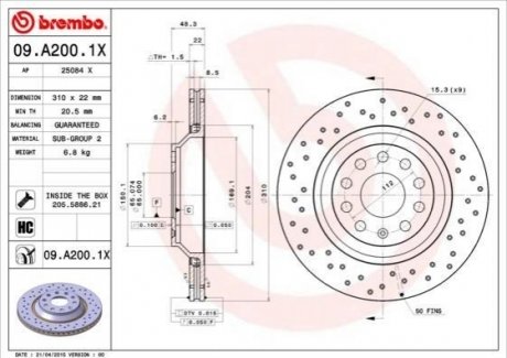 09.A200.1X BREMBO Гальмівний диск