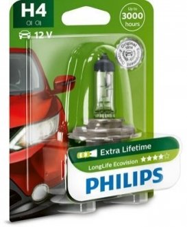 12342LLECOB1 PHILIPS Лампа розжарювання H4 12V 60/55W P43t-38 LongerLife Ecovision 1шт blister (вир-во Philips)