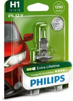 12258LLECOB1 PHILIPS Лампа розжарювання H1 12V 55W P14,5s LongerLife Ecovision 1шт blister (вир-во Philips)