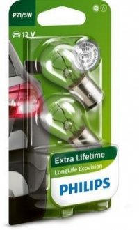 12499LLECOB2 PHILIPS Лампа розжарювання P21/5W12V 21/5W BAY15d LongerLife EcoVision (2шт) (вир-во Philips)