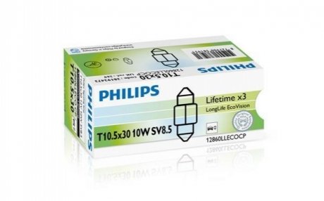 12860LLECOCP PHILIPS Лампа розжарювання 12V 10W T10,5x30 SV8,5 LongerLife EcoVision (вир-во Philips)