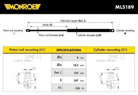 ML5189 MONROE MONROE RENAULT Амортизатор газовый багажн.Laguna 01- (513mm,535N)