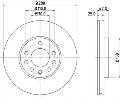 8DD355106-071 HELLA Гальмівний диск перед. Opel Astra G, H/Zafira 98- (вент.) (280x25)