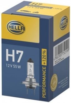 8GH223498031 HELLA Лампа розжарювання PERFORMANCE+120%  H7 12V 55W PX26d