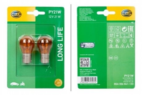 8GA 006 841-133 HELLA HELLA PY21W 12V21W Автолампа жовта LONG LIFE UP TO 3x LONGER LIFETIME (блістер 2 шт)