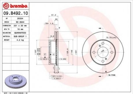 09.B492.10 BREMBO Гальмівний диск