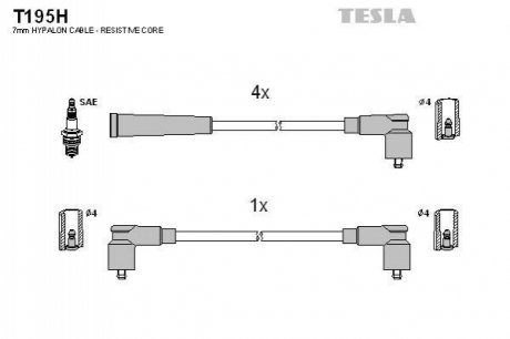 T195H TESLA Кабель запалювання к-кт TESLA Skoda Felicia 94-01 1,3i 135B (SPI),136B (SPI)