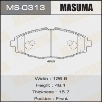 MS0313 MASUMA Колодки тормозные передн CHERY JAGGI 1.3, 1.1 (06-13)/CHERY QQ 1.0, 0.8, 1.1 (03-13)/CHEVROLET LANOS/CHEVROLET MATIZ (MS0313) MASUMA