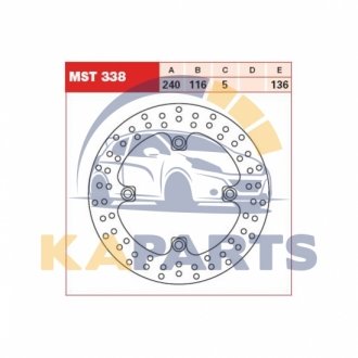 Диск гальмівний задн сталь, 240/116x5мм 4x136мм, діаметр фіксуючого отвору 10,5мм, висота 0 HONDA CB 1000/500/500A (ABS)/600F (Hornet)/600FA (Hornet ABS)/600N/600NA (ABS)/600S/600SA (ABS) 2004-2013 MST338