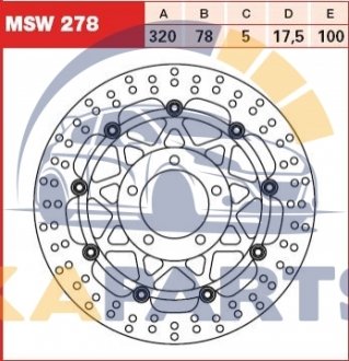 Диск гальмівний передн плаваючий, 320/78x5мм 5x100мм, діаметр фіксуючого отвору 10,5мм, висота 17,5 TRIUMPH DAYTONA 1050/1050 (ABS)/1050 (Sport)/1050R/1050SE/1050SE (ABS)/1050ST/955/955i 2001-2015 MSW278