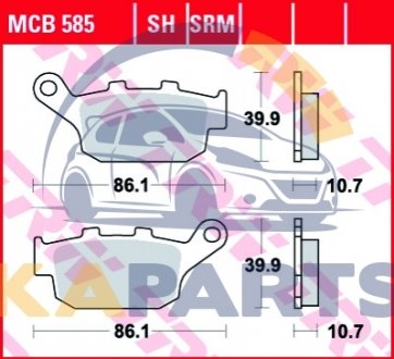 Тормозные колодки задн, призначення: шосейне/гоночні, материал: агломерат-SH, 39,9x86,1x10,7мм BUELL BLAST, M2, S1, S3, S3T, X1, X1W, XB12S, XB12SS, XB12X, XB9S HONDA CB, CB-1 150-1200 1986-2020 MCB585SH
