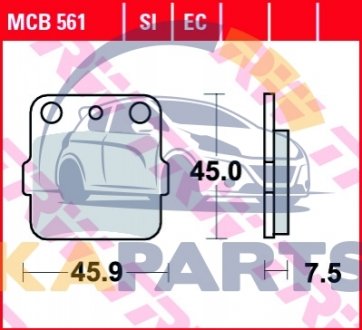 Гальмівні колодки задн/передн, призначення: позашляховики/скутери/шосейне, матеріал: organic-EC, 45x45,9x6,5мм HONDA CR, CRF, CRM, EX, NSR, TRX KAWASAKI KEF, KFX, KLX, KSF, KX 65-660 1987-2020 MCB561EC