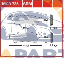Тормозные колодки передн, призначення: скутери, материал: агломерат-SRM, 38,7x117,4x8,3мм APRILIA ATLANTIC, SCARABEO KYMCO DOWNTOWN, K-XCTI, PEOPLE PIAGGIO/VESPA BEVERLY 125-500 2004-2019 MCB726SRM
