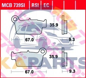 Гальмівні колодки задн/передн, призначення: позашляховики/скутери/шосейне, матеріал: organic-EC, 35,9x67x9,3мм APRILIA MXV, RXV, SXV BETA RR GAS GAS EC KAWASAKI KLX, KX, KXF 125-550 MCB739EC