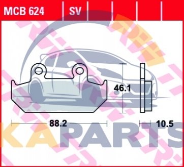 Гальмівні колодки передн, призначення: шосейне, матеріал: агломерат-SV, 46,1x88,2x10,5мм CAGIVA CANYON, ELEFANT HONDA CB, CBR, CD, GL, NV, NX, VFR, VLX, VT, XL, XRV 125-1500 1986-2000 MCB624SV