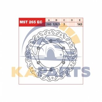 Диск гальмівний передн сталь, 260/126,5x3мм 6x143мм, диаметр фіксуючого отверстия 6,5мм, высота 0 GASGAS EC KTM XC EC 350 F (GG4T)/EC 450 F (GG4T)/EC 500F/XC-W 125 202101- MST265EC