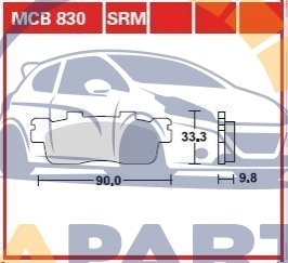 Тормозные колодки задн/передн, призначення: скутери, материал: агломерат-SRM, 33,3x90x9,8мм KAWASAKI J125, J300 KYMCO DOWNTOWN, PEOPLE 125-350 2009-2017 MCB830SRM