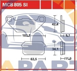 Гальмівні колодки задн/передн, призначення: позашляховики, матеріал: агломерат-SI, 42,4x103,5x9,1мм ADLY 320, 500, ATV PGO BUGRIDER 200-500 2005-2008 MCB805SI