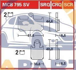 Гальмівні колодки передн, призначення: гоночні, матеріал: карбон-CRQ, 44,6x61,6x8,5мм YAMAHA FZ1, MT-01, VMX, YZF-R1 1000/1670/1700 2004-2016 MCB795CRQ