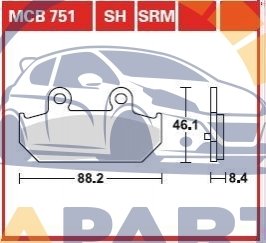 Гальмівні колодки задн/передн, призначення: скутери, матеріал: агломерат-SRM, 46,1x88,2x8,4мм SUZUKI AN 250/400/650 2002-2018 MCB751SRM