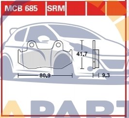 Гальмівні колодки задн/передн, призначення: скутери, матеріал: агломерат-SRM, 41,7x80,9x9,3мм SUZUKI AN 400 1999-2002 MCB685SRM