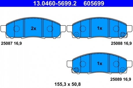 13046056992 ATE Комплект гальмівних колодок передн , NISSAN NV200, NV200 / EVALIA 1.5D/1.6/Electric 02.10-